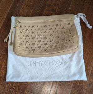 Jimmy Choo Zena Zipper Pouch Clutch Tan Gold Star Studded Leather Glitz Glam